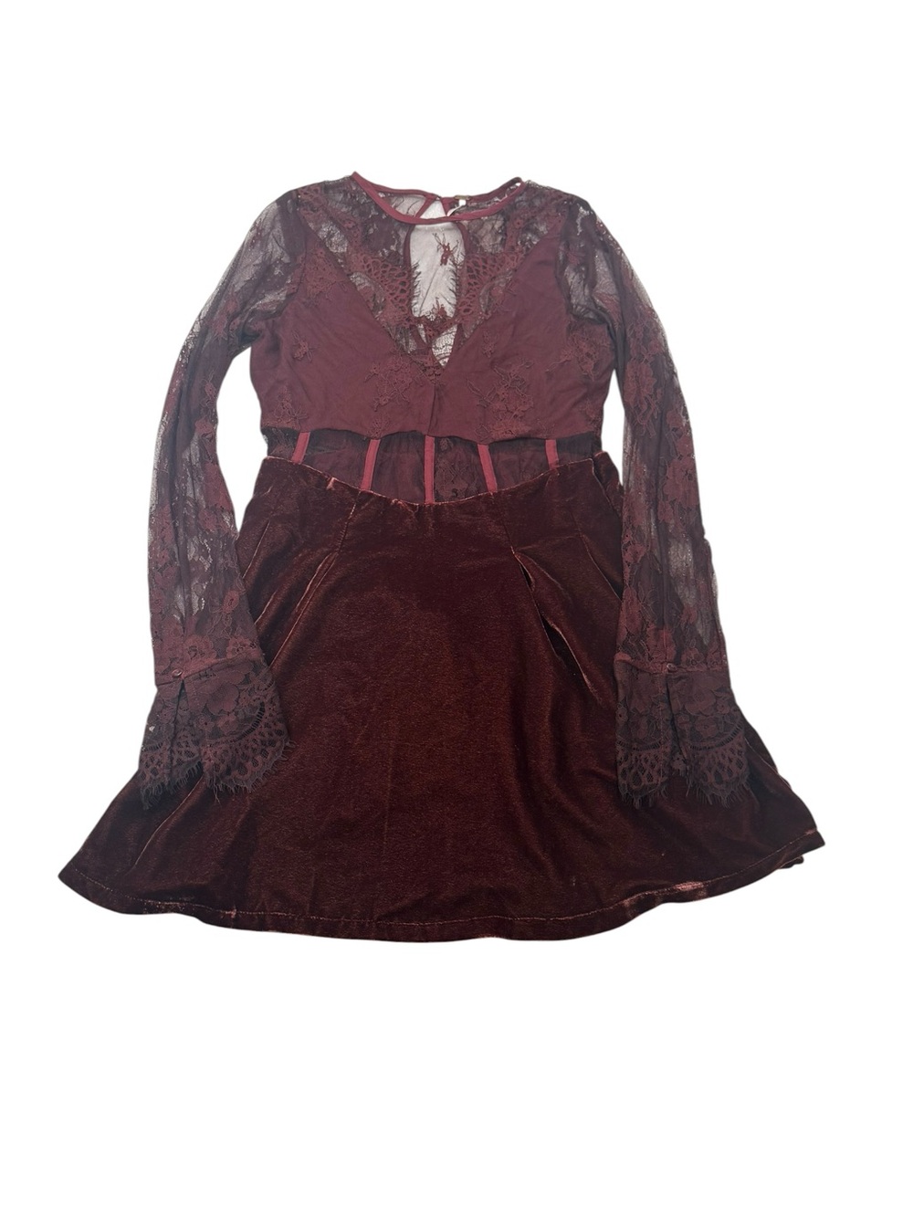 Free People Burgundy Marli Lace Mini Long Sleeve Dress Size Small NWT‎